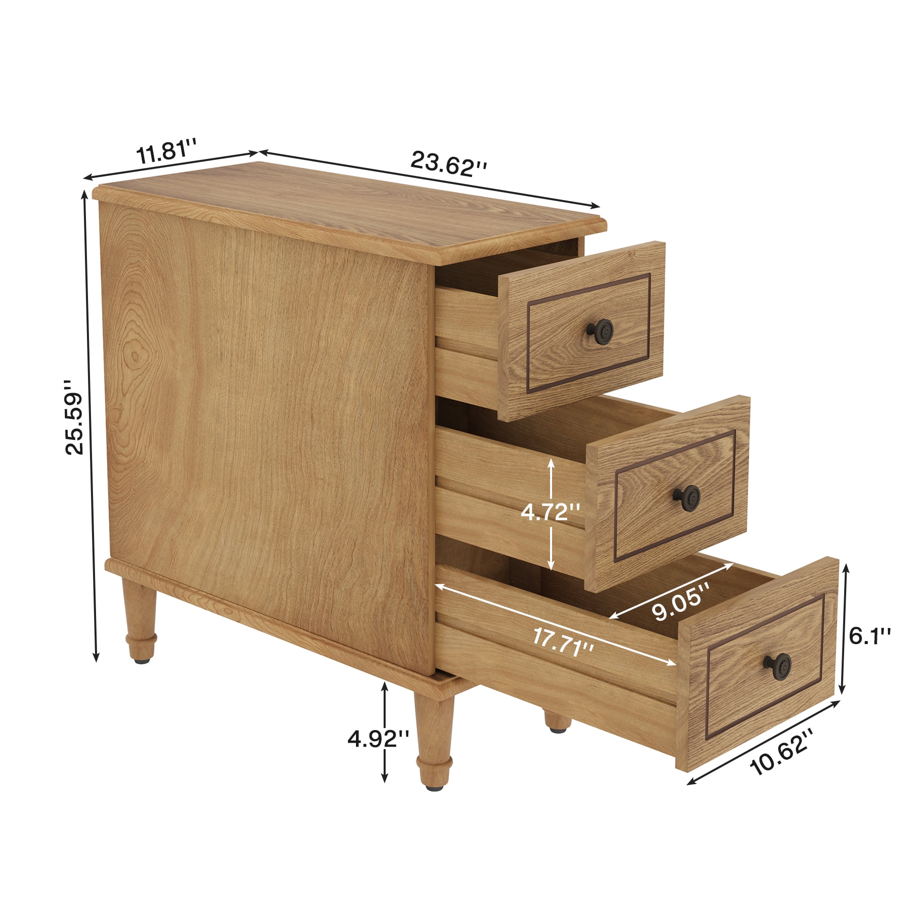 Tribesigns Narrow Side Table with Drawers, Solid Wood End Table with 3 Drawers, Fully Assembled Nightstand Slim Bedside Table for Small Spaces, Living Room, Bedroom, Wood Color