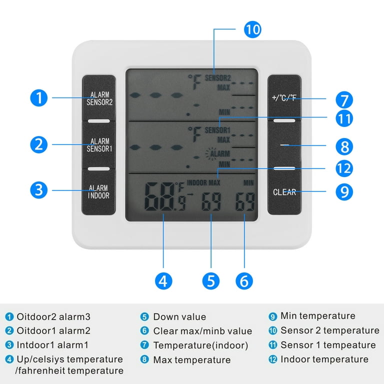 Wireless Digital Refrigerator Thermometer With 2PCS Temperature Sensors For  Fridge & Freezer