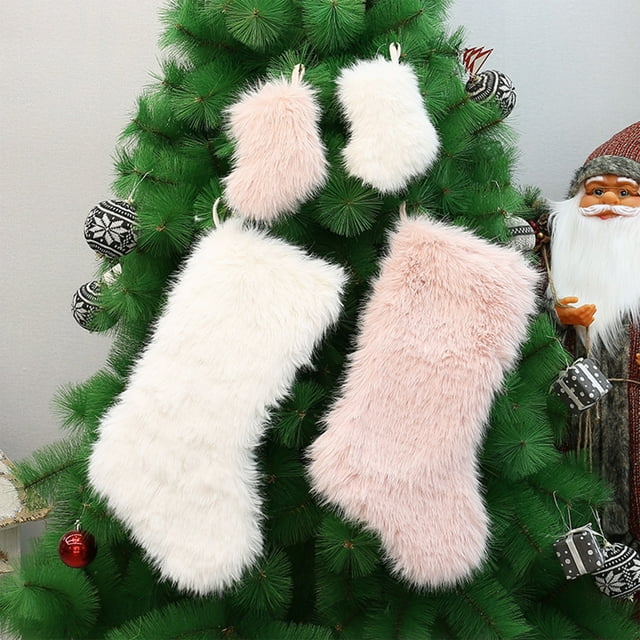 Calcetines Navideños de Felpa Larga, Color Liso, Ideales para Decorar Fiestas | Bolsa para Dulces Navideños | Poliéster Rosa | 48 X 17 Cm / 18,89 X 6,69 Pulgadas; 18 X 14 Cm / 7,08 X 5,51 Pulgadas |
