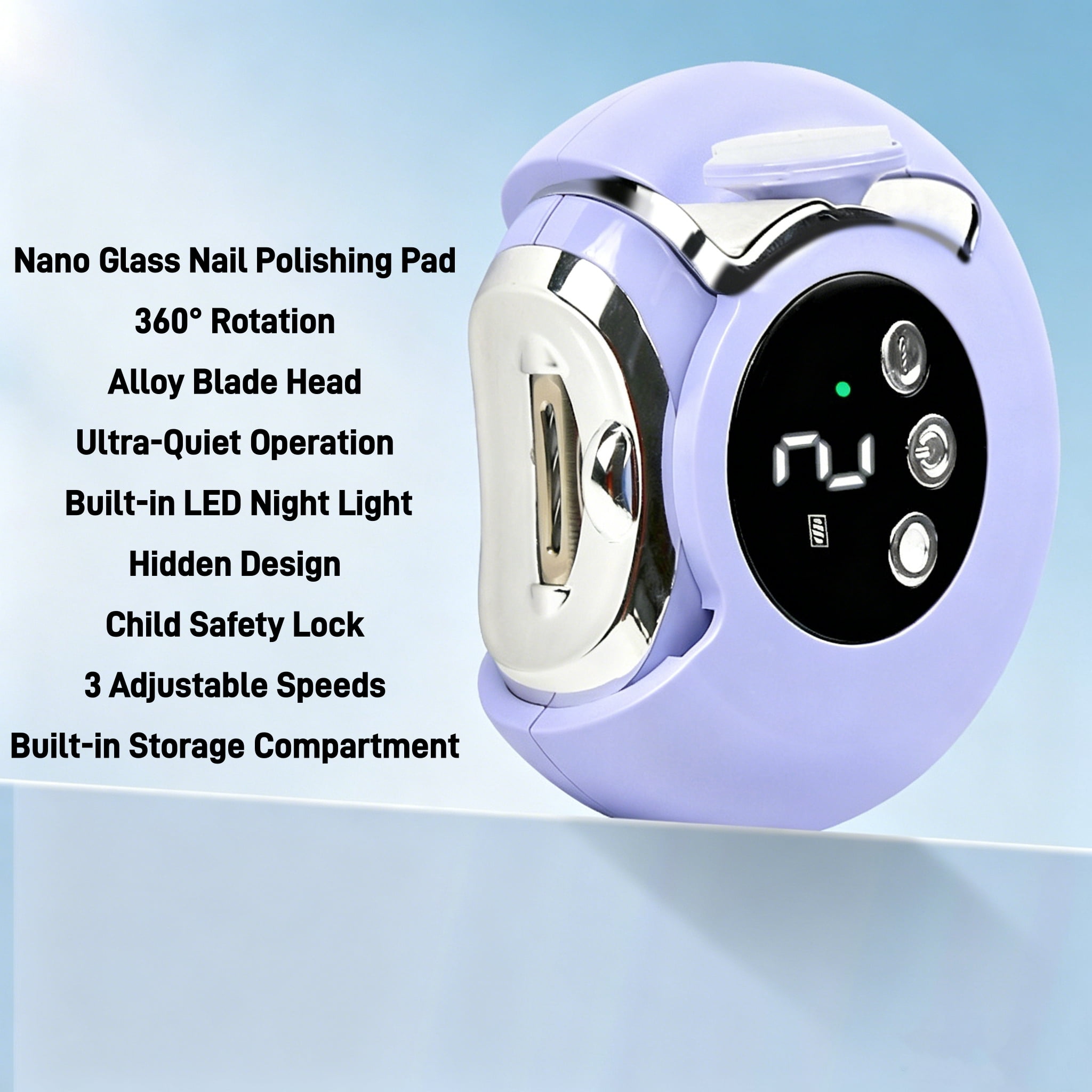 3-in-1 USB Rechargeable Electric Nail Clippers, 360° Rotating Quiet Nail Trimmer with LED Light for Baby Kids Adults Purple.