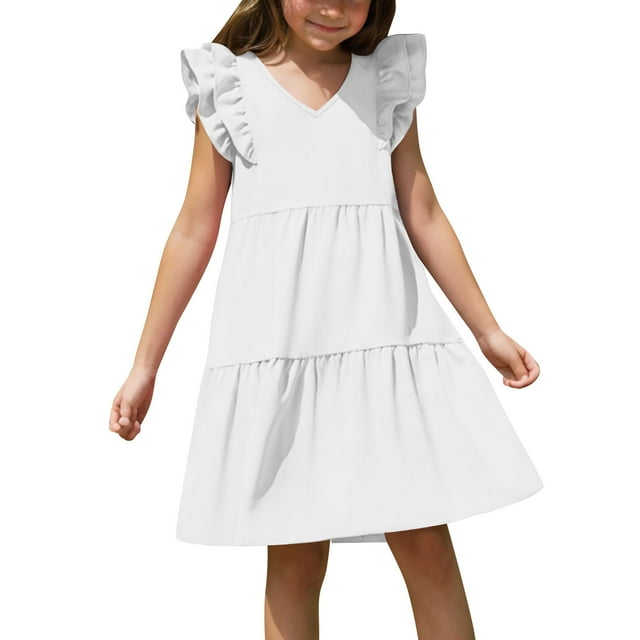 FAIWAD Robes d'Été pour Filles Mignonnes à Manches à Volants Double Couche Robe Trapèze Enfants Filles à Étages Fluide Mini Robe Soleil 4-14 Ans