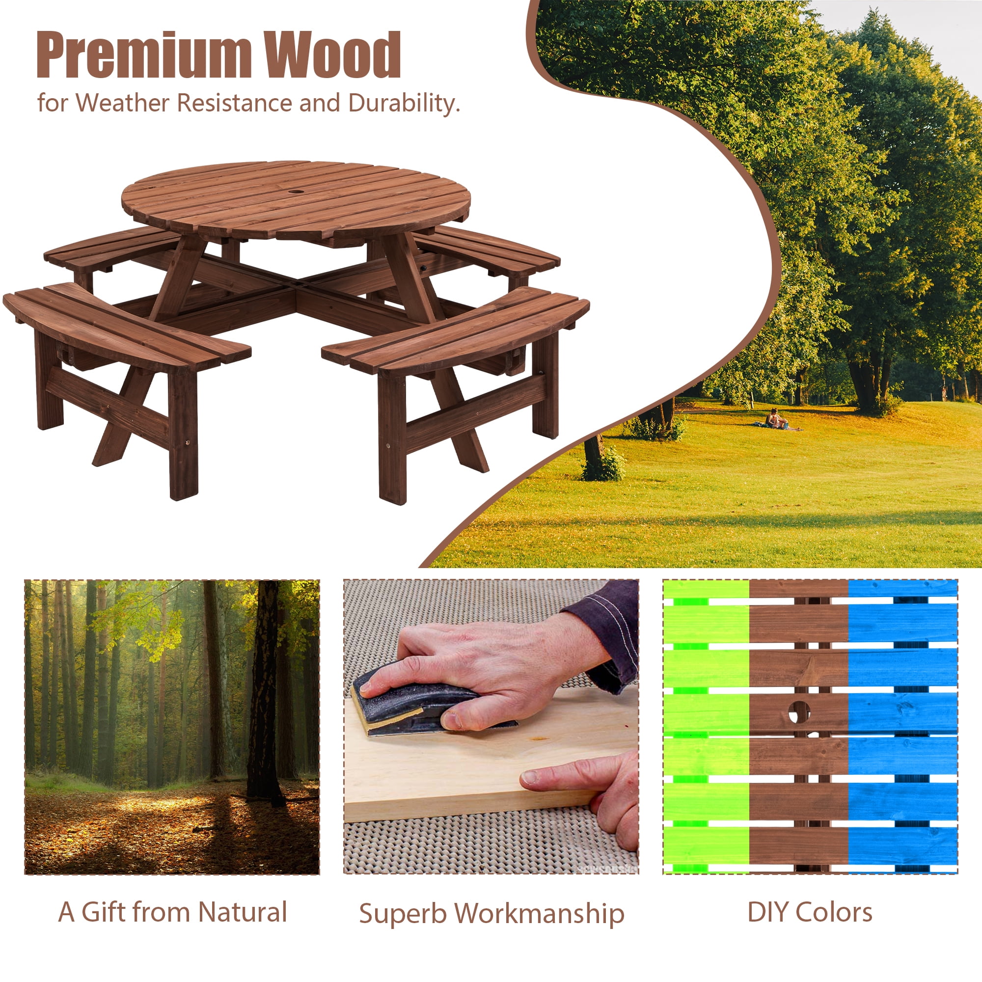 8‑Person Natural Fir Wood Round Picnic Table with 4 Built‑in Curved Benches, 2220lb Total Capacity Outdoor Dining Set with 2” Umbrella Hole for Garden Backyard Camping