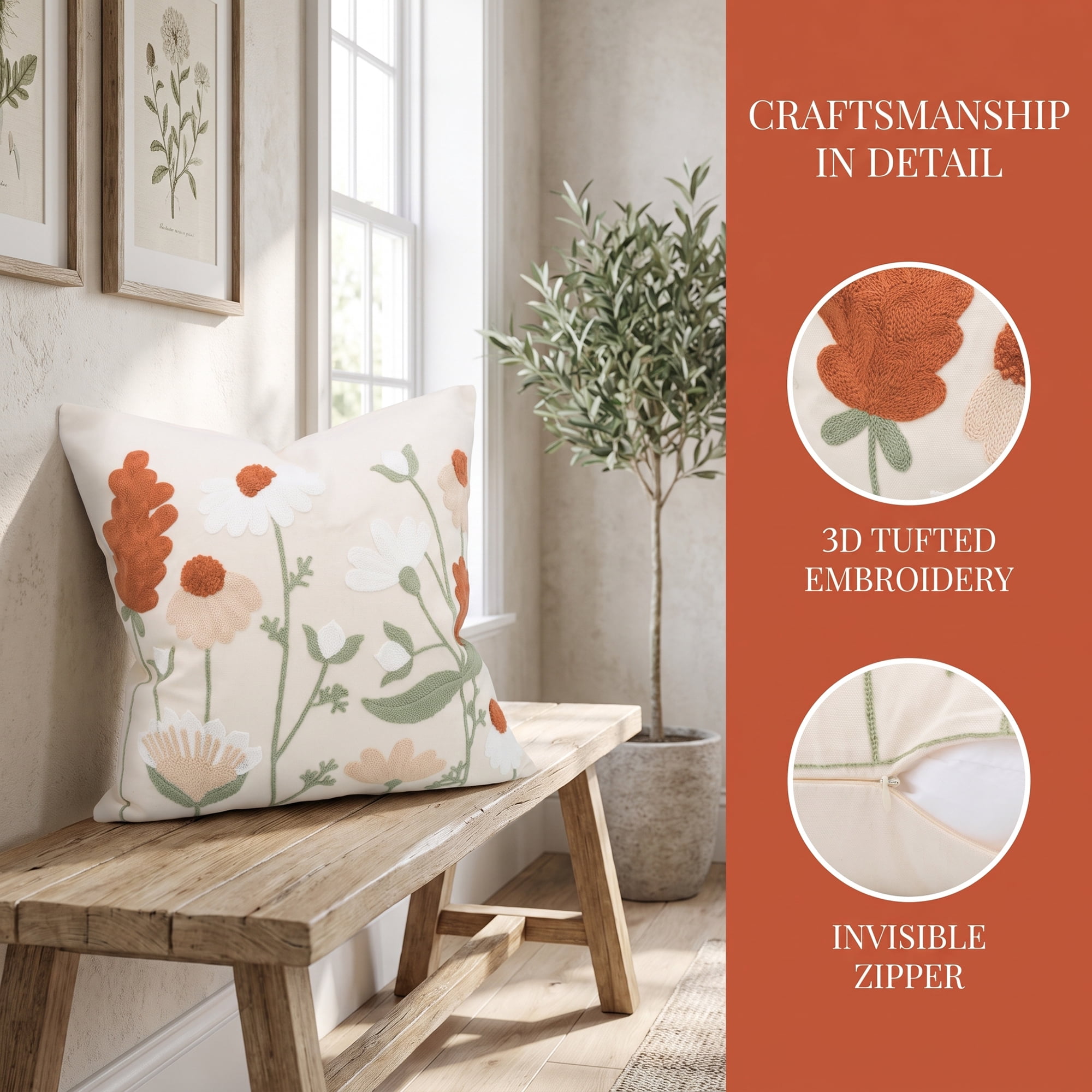 Unique Bargains Chic Floral Embroidered Throw Pillow Cover Floral Accent Orange 18"x18"