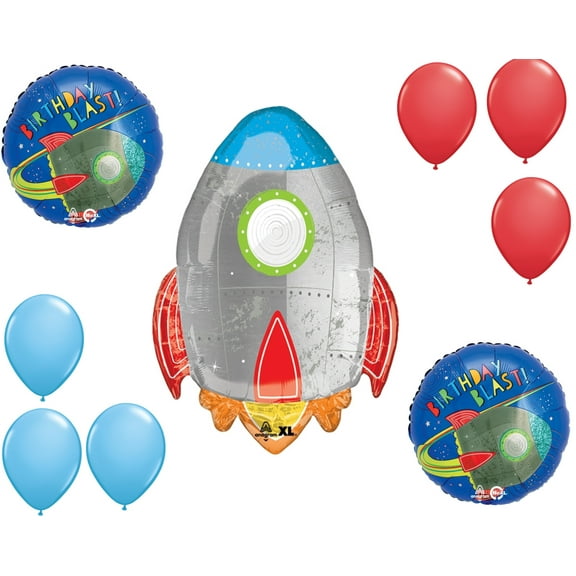 LOONBALLOON Space, Alien, Rocket Theme Balloon Set, 29 Inch Blast Off Rocket Balloon, 2x Standard Blast Off Birthday Balloon and 4x latex balllons