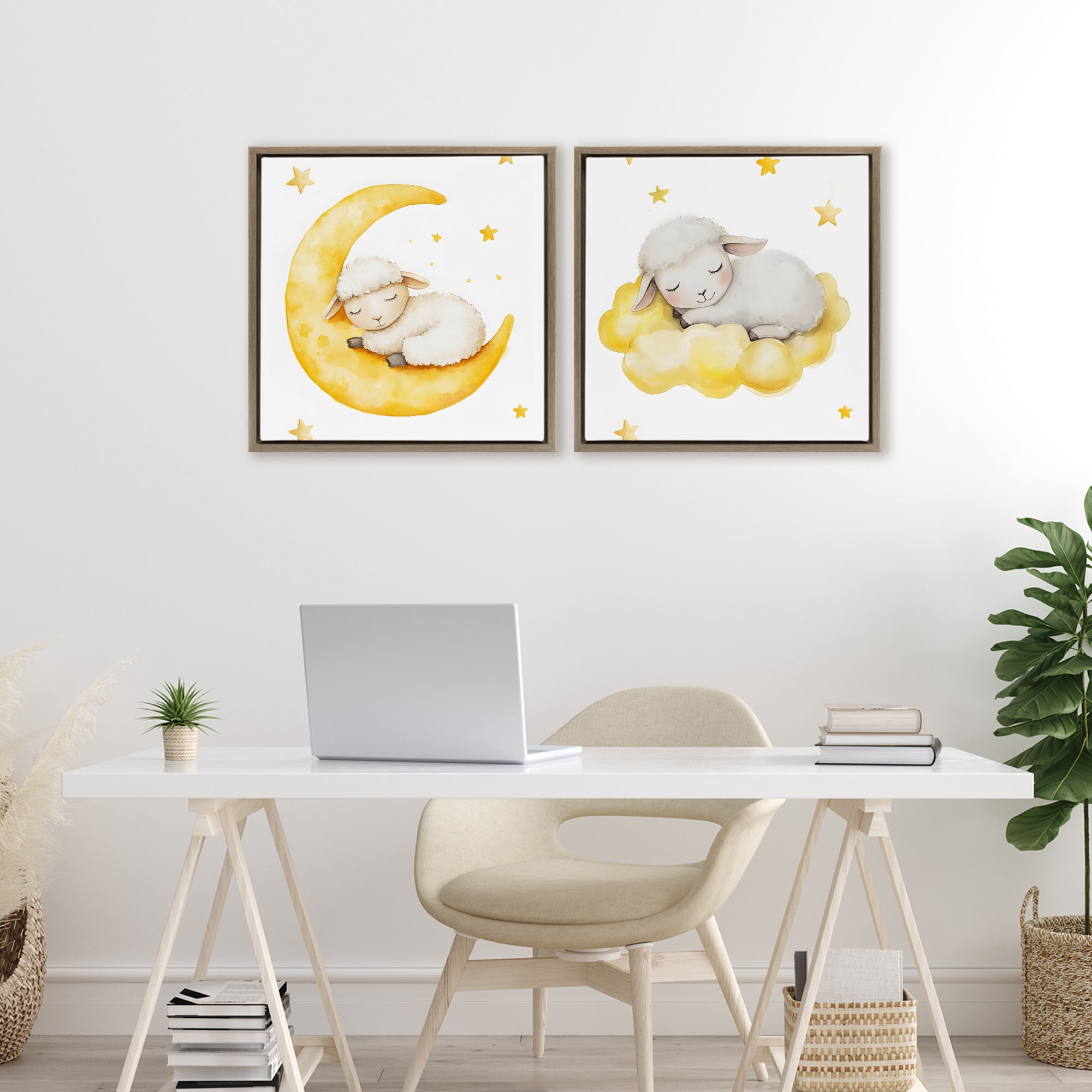 Stupell Industries Sleeping Sheep Cloud and Moon 2 Piece Brown Framed Floater Canvas Set, design by LSR Design Studio