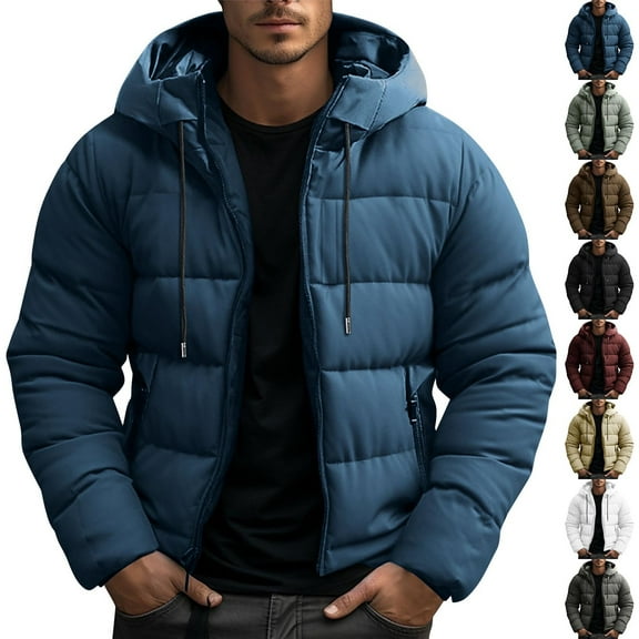 Horkkom Winter Jackets for Men Warm Fleece Puffer Jacket Casual Zip Up Coats with Pockets Hood Drawstring L