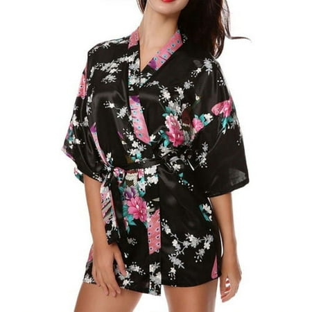 Womens Floral Silk Satin Kimono Robe Dressing Gown Wedding Babydoll Nightwear