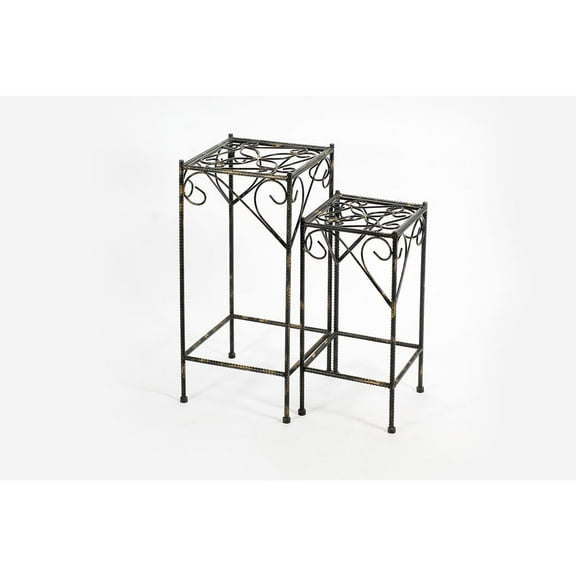 21.06" & 26.18" Celtic Clover Square Black/Gold Cast Metal Plant Stand Set of 2