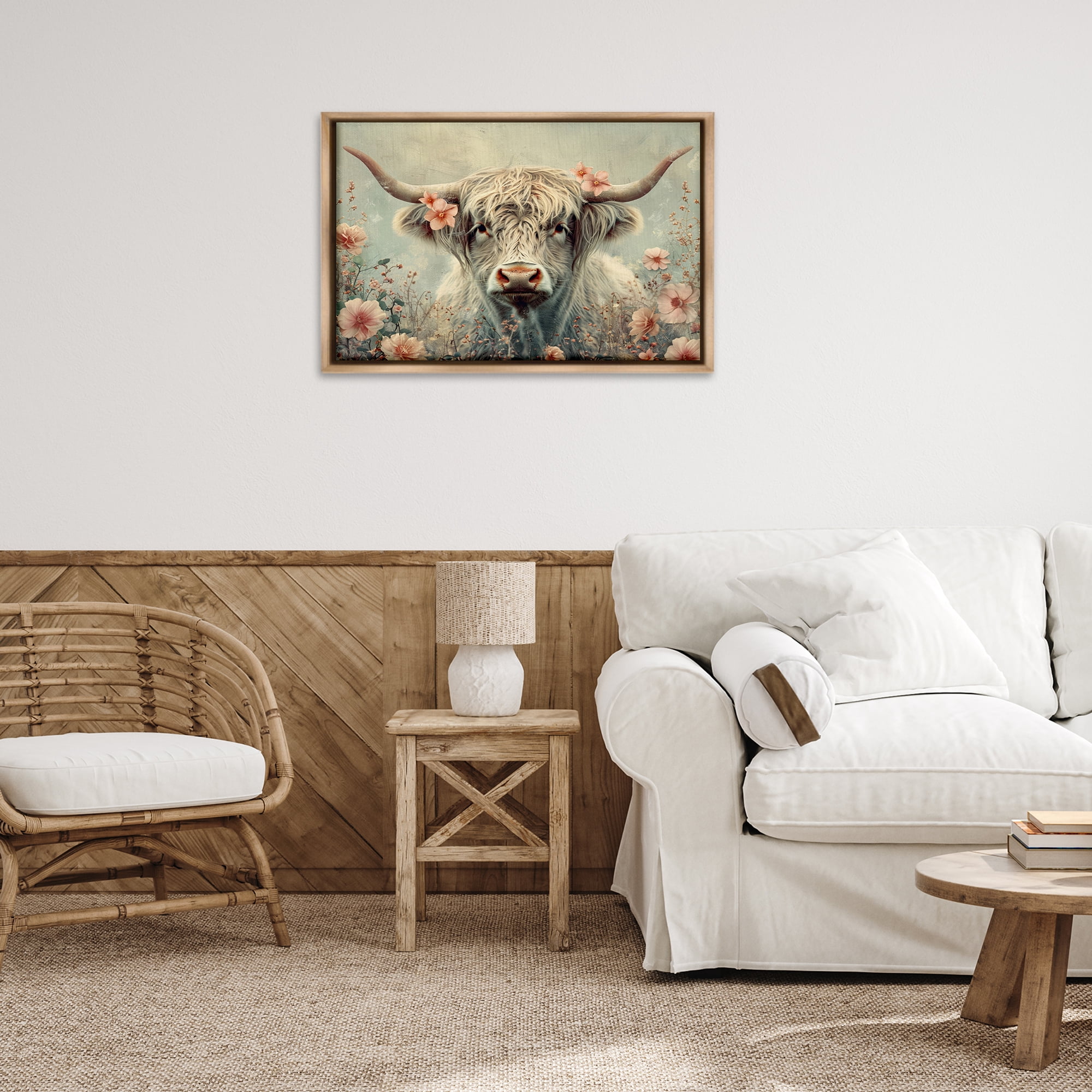 Stupell Industries Cow with Cherry Blossoms Animals Painting Brown Floater Framed Canvas Art Print Wall Art, 31 x 21