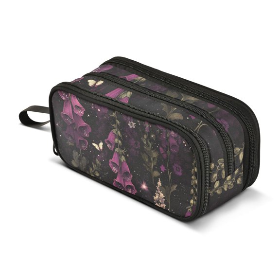 FORMRS Pencil Case with 3 Compartments Zipper Pouch, Elementary School Level and up, Dark Purple Floral Pattern