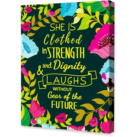 She is Clothed in Strength Canvas Wall Art,Inspirational Flowers Canvas Painting Wall Decor for Girls Women Daughter Home Office Bedroom Dorm