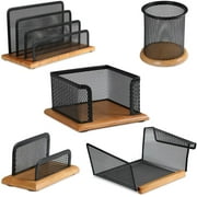 Halter Executive 5 Piece Mesh Wood Office Desk Set - Phone Stand, Pencil Cup, Memo Holder