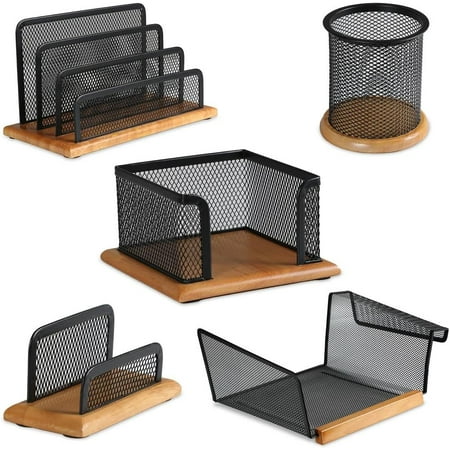 Halter Executive 5 Piece Mesh Wood Office Desk Set - Phone Stand Pencil Cup Memo Holder