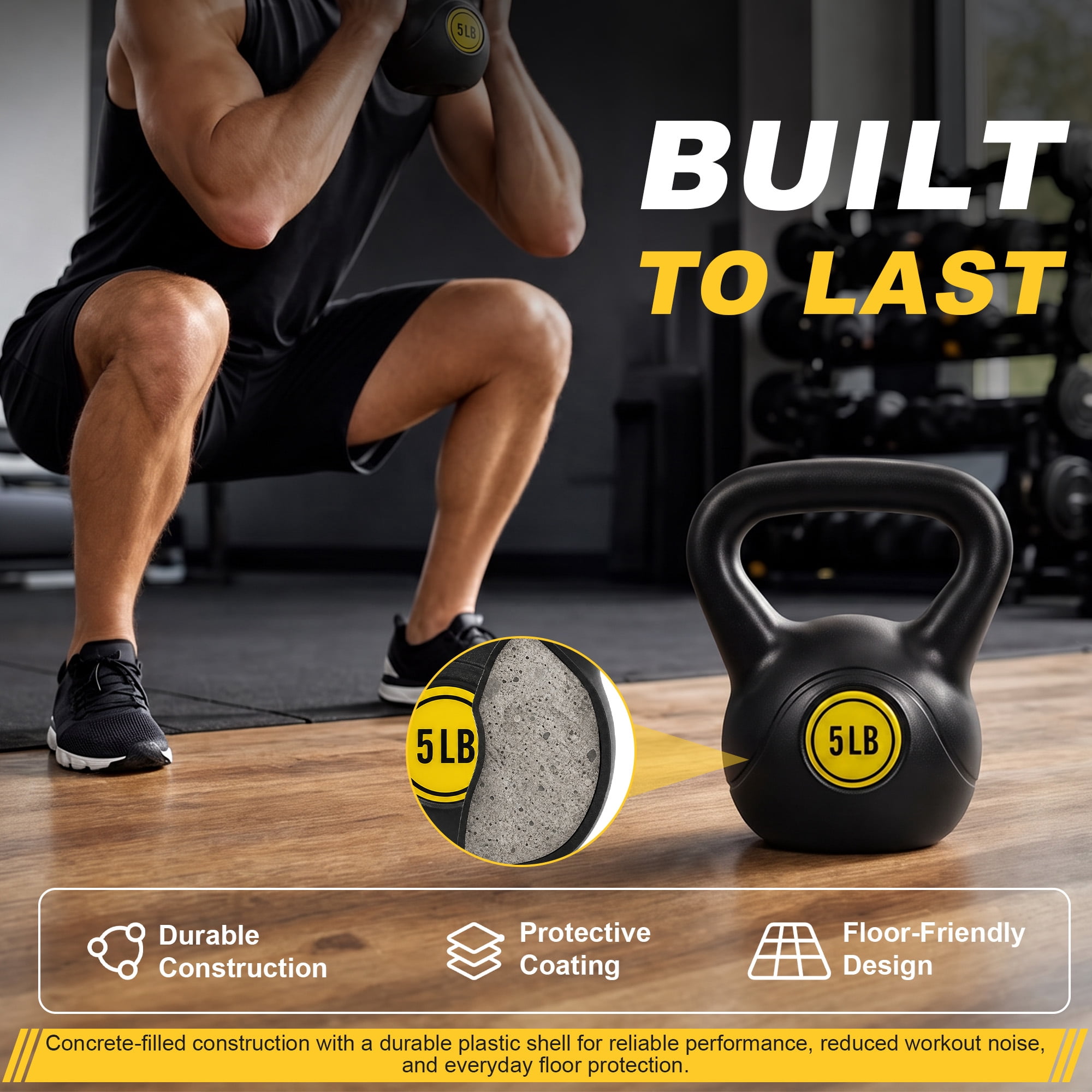 Sprint Demon 3-Piece Kettlebell Set, 5 lb, 10 lb & 15 lb, Concrete Core with Protective Plastic Coating, Strength Training Weights for Home Gym