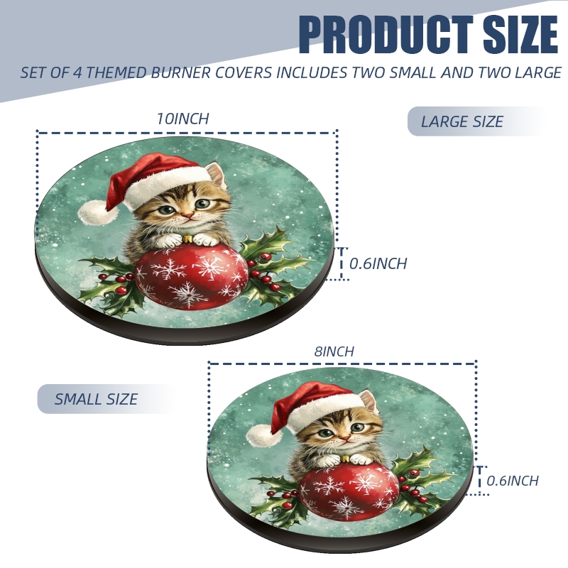 Christmas Gas Stove Burner Covers Set of 4, Christmas Red Ball Cute Kitten Green Xmas Decor Round Mental Electric Stove Burner Covers Range Top for Kitchen, 8 Inches and 10 Inches