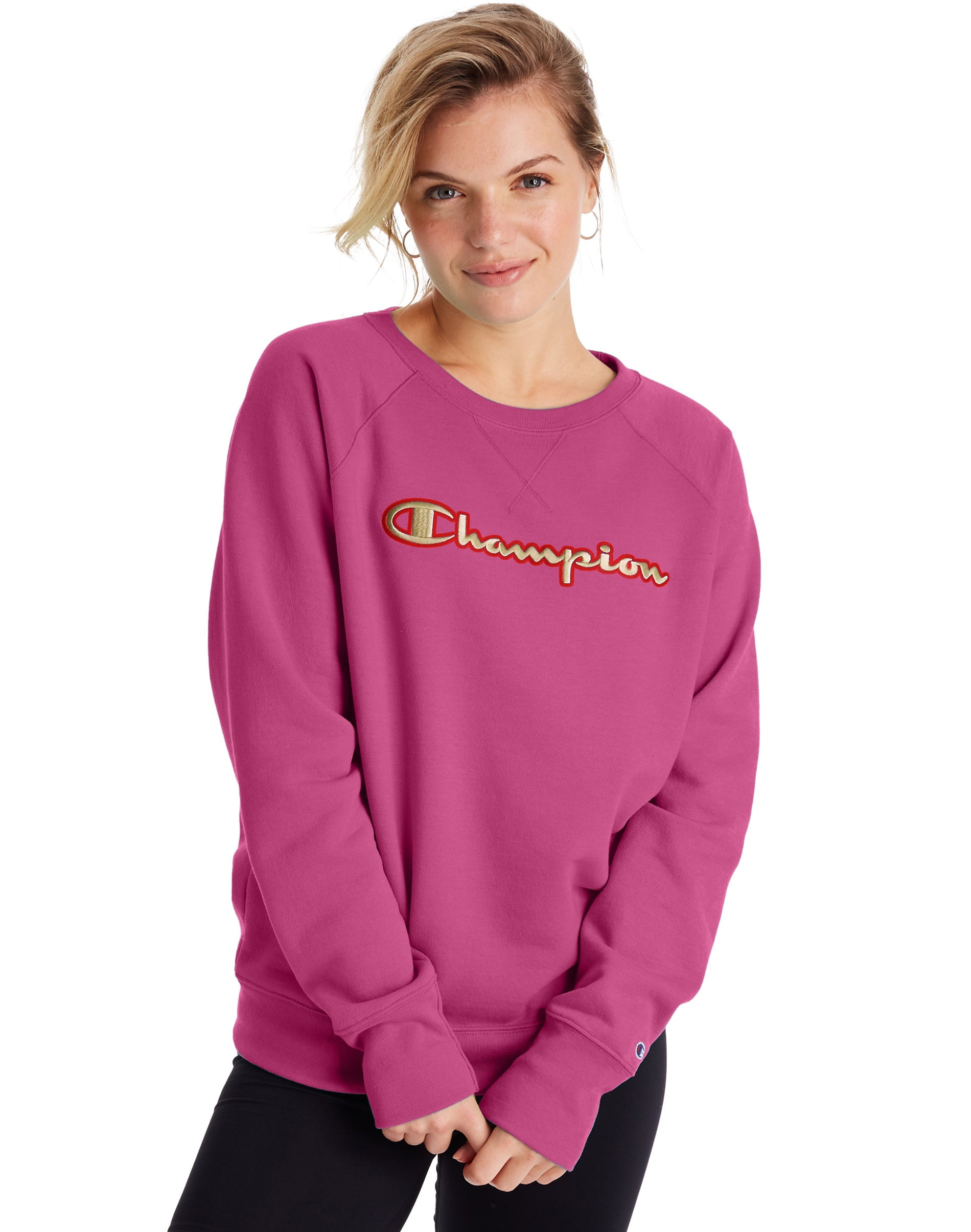 Champion Champion Womens Powerblend Fleece Boyfriend Crew, XL, Peony Parade Pink