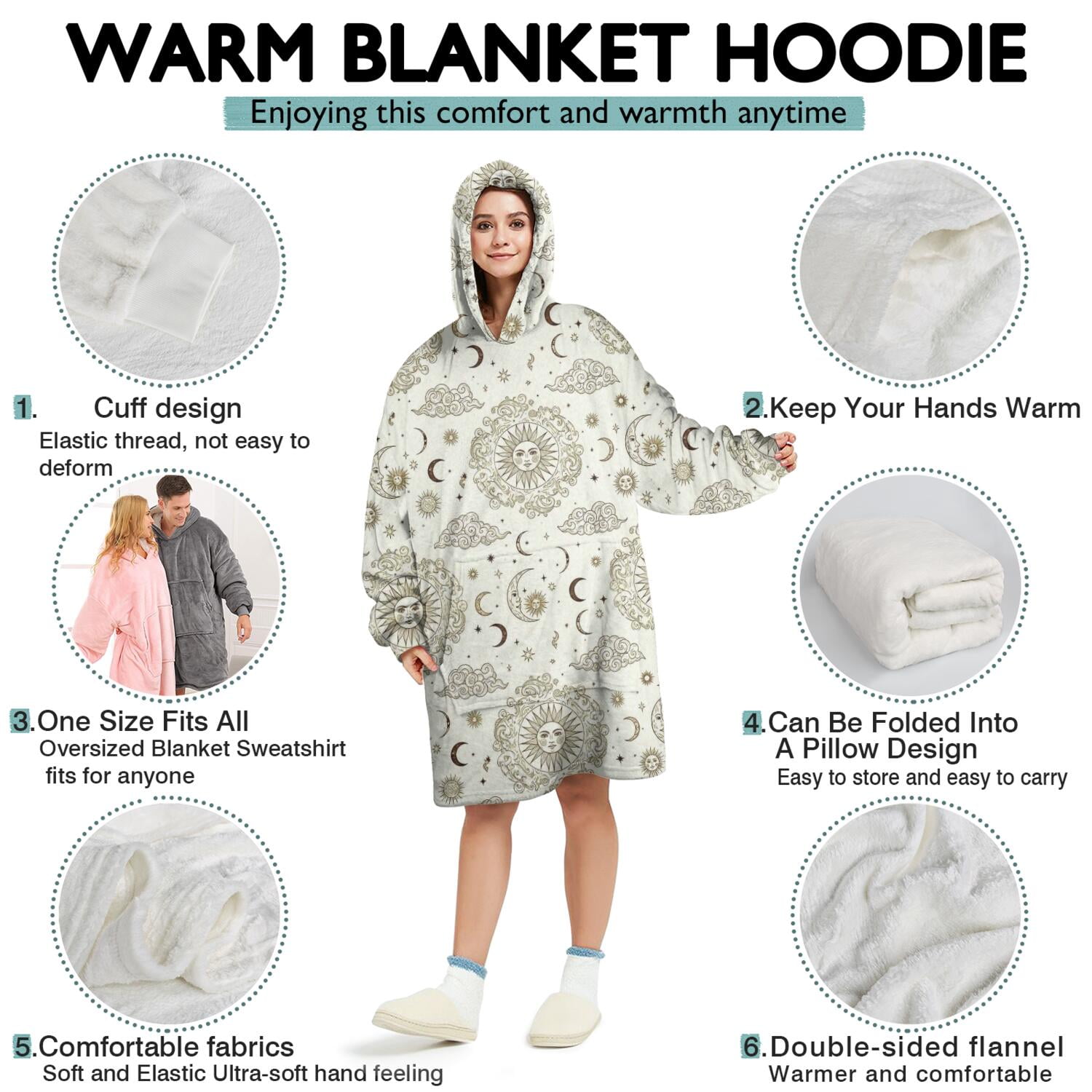 Wearable Oversized Blanket,Beige Sun Moon Cloud Star Pattern Wearable Blanket Hoodie for Adults,Cozy Hooded Blankets with Super Pockets,Super Warm Fuzzy Pullover for Women & Men
