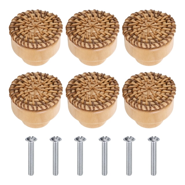 Uxcell 6pcs Rattan Knobs Round Wooden Dresser Knobs with Screw, Wood Color