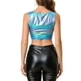 thumbnail image 3 of MODA NOVA Junior's U Neck Sleeveless Party Shiny Metallic Crop Top Blue Silver M, 3 of 6