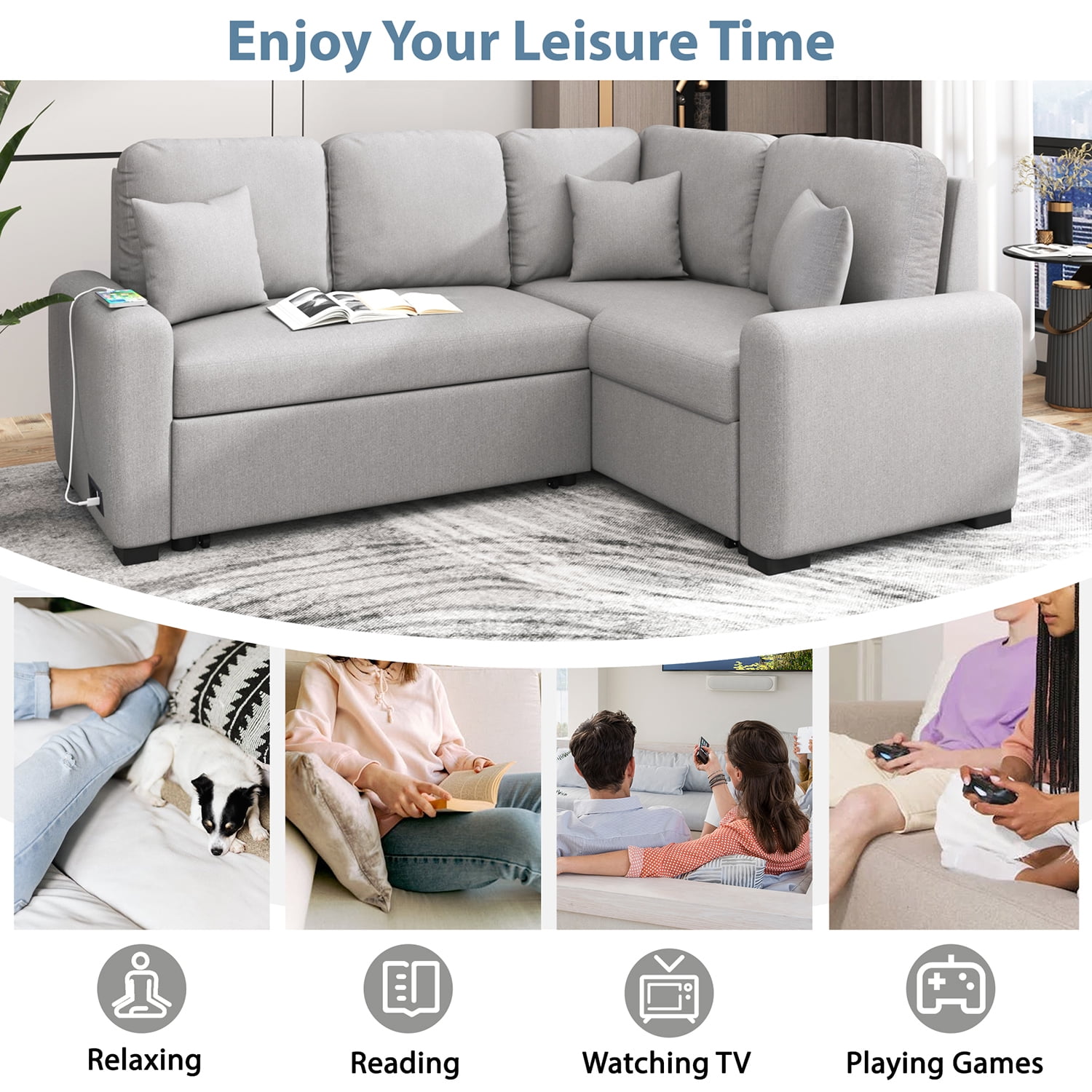 Kadyn 76.7" Sectional Sleeper Sofa, Velvet Pull-Out Sofa Bed with USB Charging Port, 3 Pillows and Plug Outlet, L-Shaped Upholstered Sofa Chaise for Living Room, Grey Kadyn 76.7" Sectional Sleeper Sofa, Velvet Pull-Out Sofa Bed with USB Charging Port, 3 Pillows and Plug Outlet, L-Shaped Upholstered Sofa Chaise for Living Room, Grey