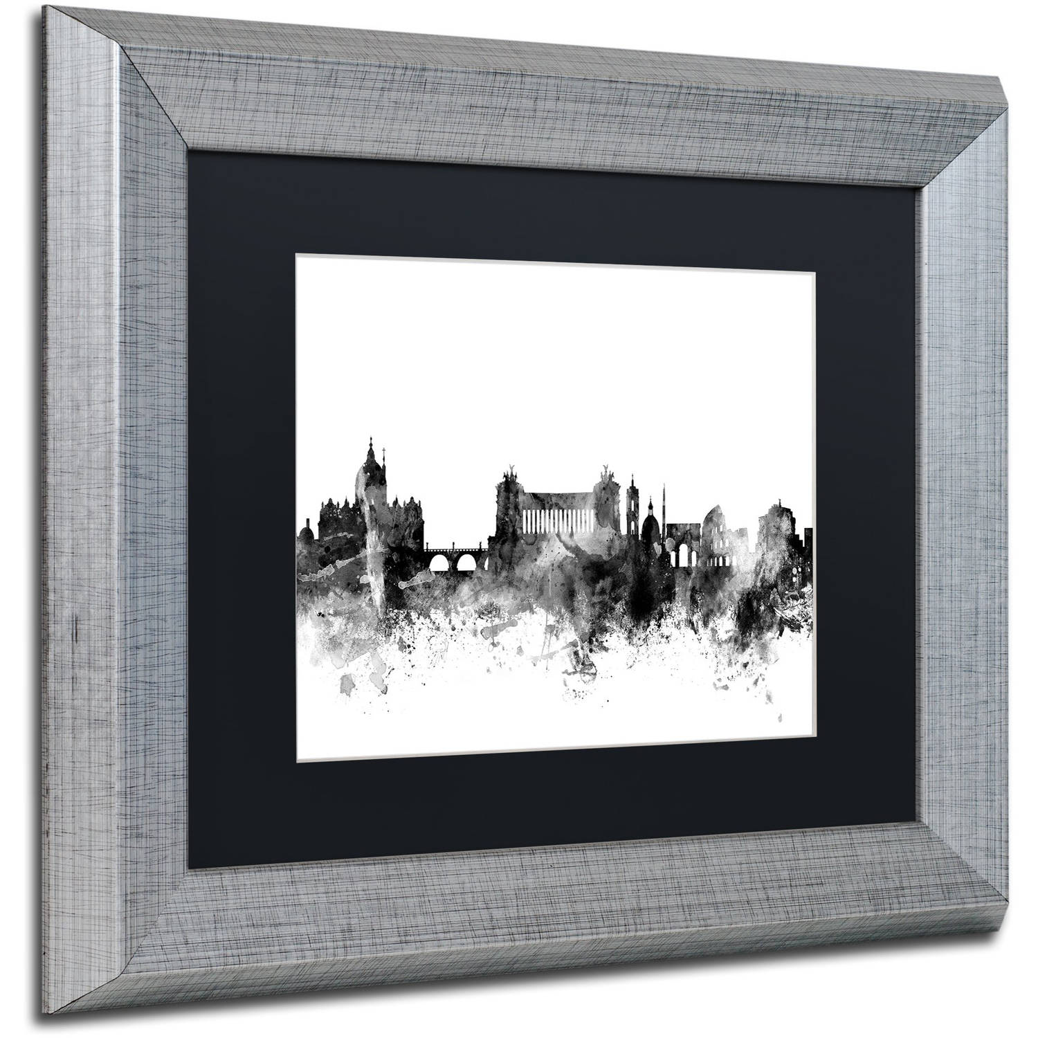 Trademark Fine Art "Rome Italy Skyline B&W" Canvas Art by Michael Tompsett, Black Matte, Silver Frame