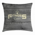 thumbnail image 1 of Fitness Throw Pillow Cushion Cover, Fitness Club Badge on Wooden Planks Backdrop Aerobics Energy Training, Decorative Square Accent Pillow Case, 18 X 18 Inches, Light Yellow Black Grey, by Ambesonne, 1 of 2