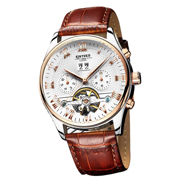 Mecánico Automático Hombres Reloj de pulsera Esqueleto Clásico Cuero Acero Hombres marrón Yuyangstore Reloj de hombre