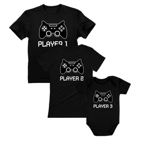 

Gamer Shirts For Dad Mom & Baby Player 1 2 3 Father Mother Shirts Baby Bodysuit Dad Black XXL / Mom Black L / Baby Black 12M (6-12M)