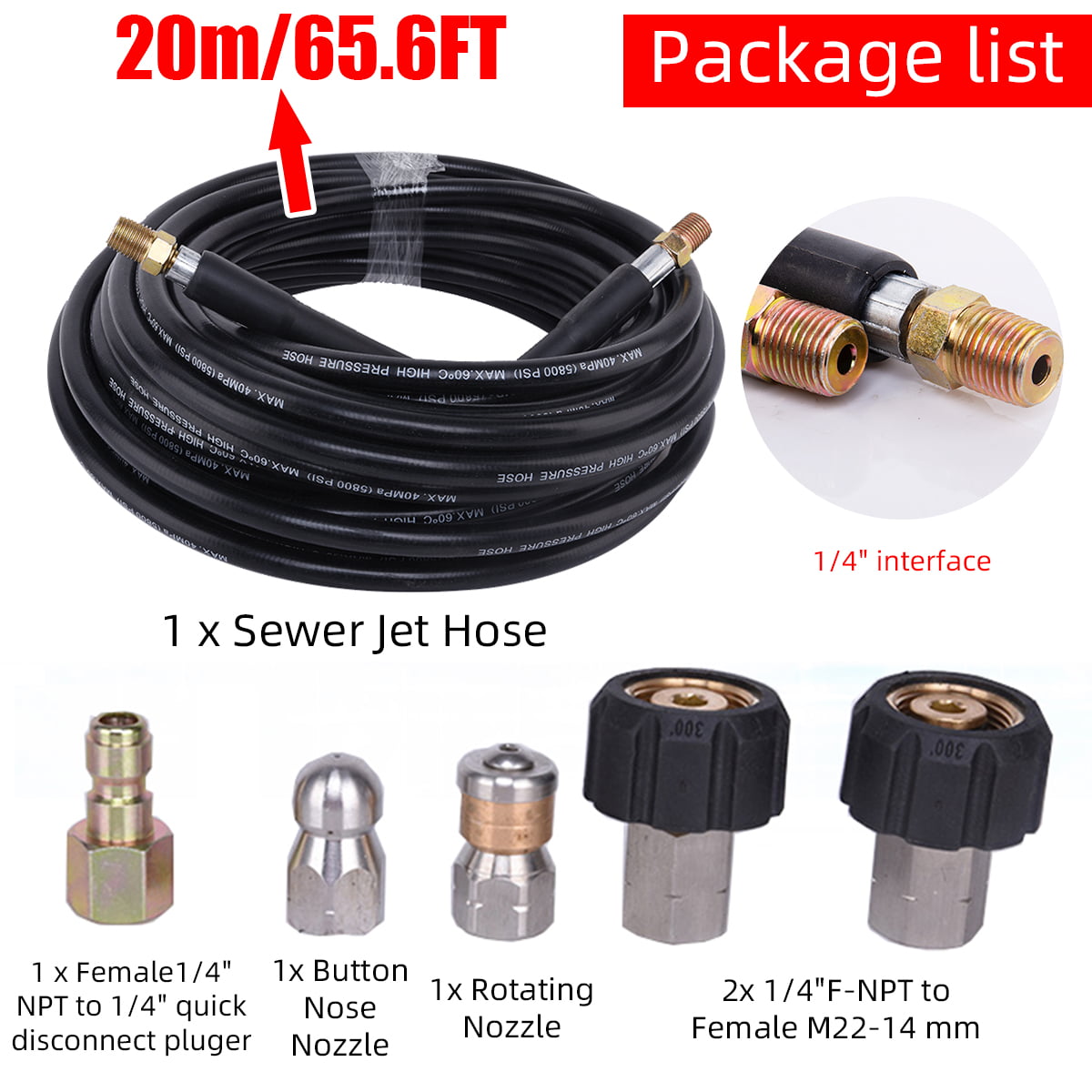 1/4" X 50ft 4000 PSI SEWER LINE AND DRAIN JETTER KIT WITH SEWER NOZZLE & ADAPTER 