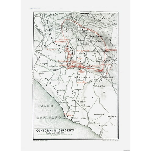 Historic Map - Girgenti Italy - Baedeker 1880 - Vintage Wall Art