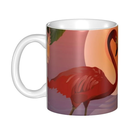

Ceramic Mug Funny Coffee Milk Tea Mug Cup Romantic Red Flamingos and The Moon Pattern Cup