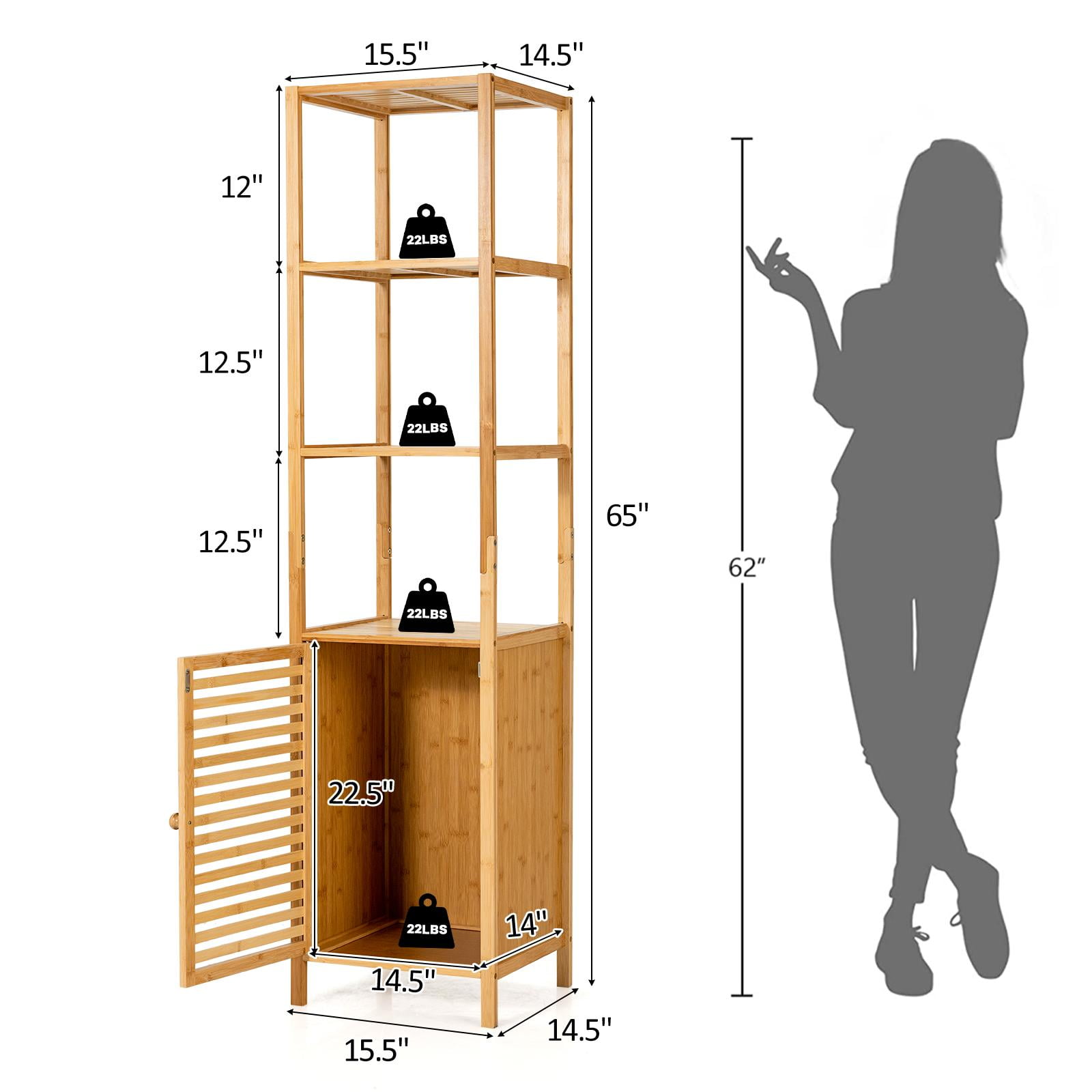 Giantex Tall Bamboo Cabinet, Slim Narrow Floor Freestanding Linen Tower Rack for Bathroom, Living Room or Kitchen