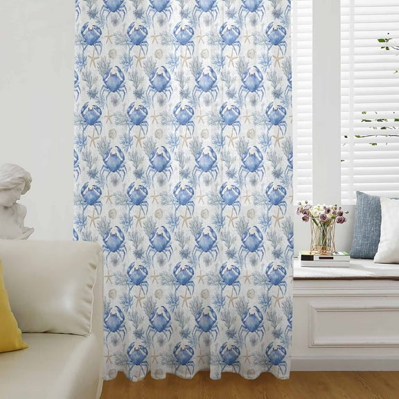 Blue Crab Coastal Semi Sheer Curtains Drapes for Living Room, Bedroom, French Doors Window 54 Inches Long, Summer Beach Nautical Starfish Rod Pocket Chiffon Curtain Drapery Voile Draperies Panel