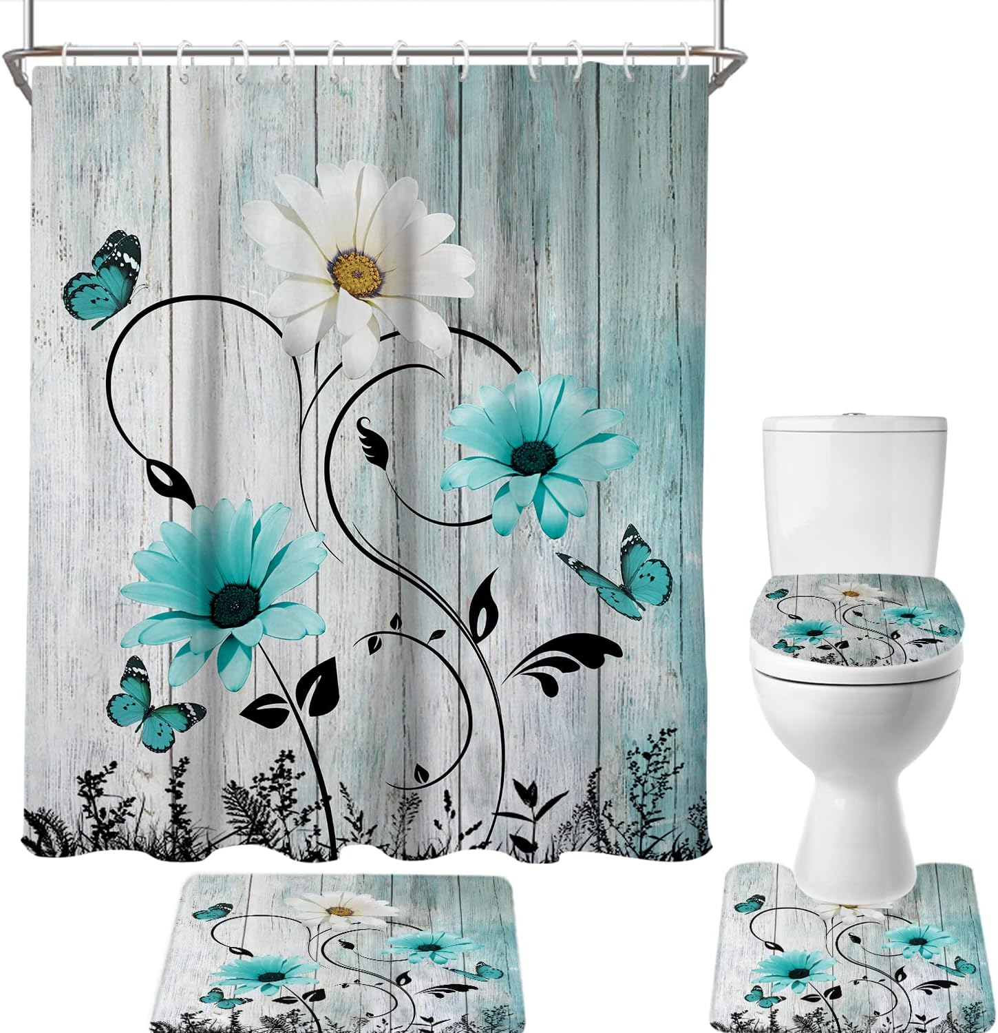 4 Piece Teal Turquoise Shower Curtain Set Aqua Floral Blue White Curtains Decor with Non-Slip Rugs, Toilet Lid Cover and Bath Mat Bathroom Accessorie Home Bathtub Set