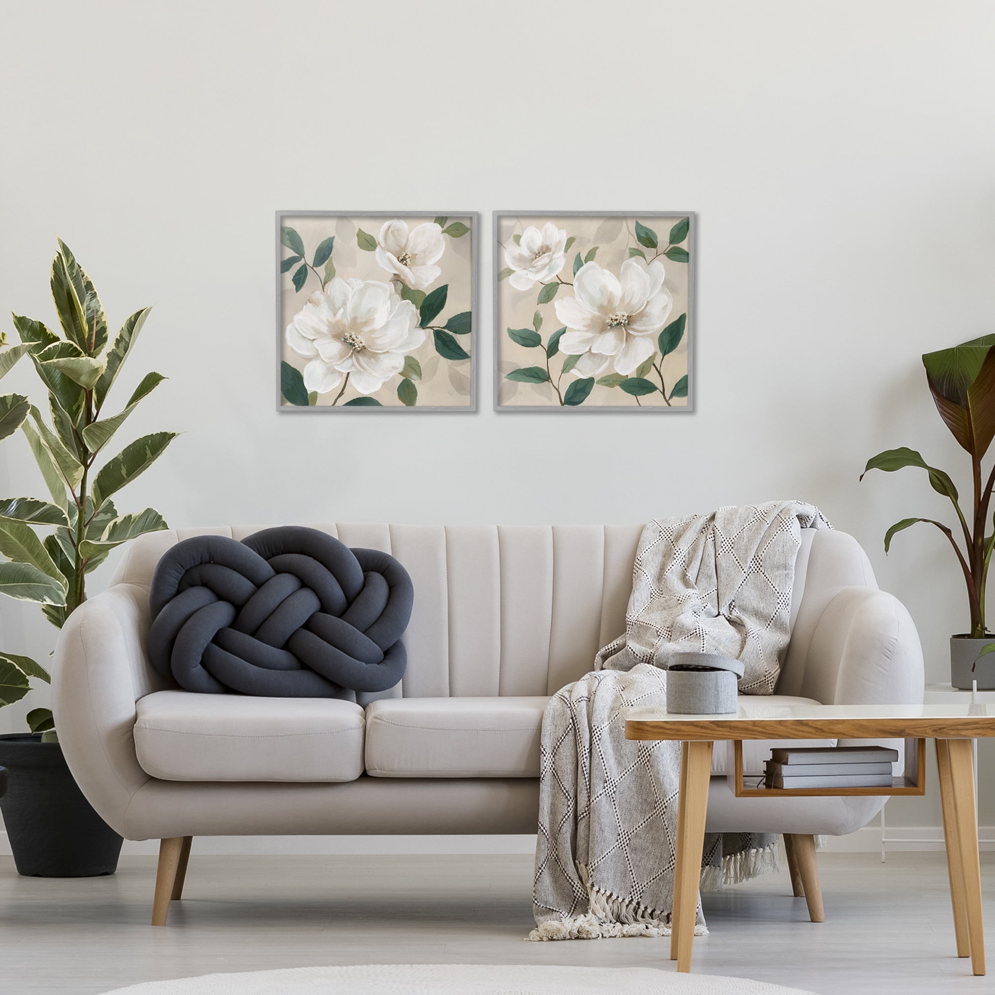 Stupell Industries Serene White Blossoms & Foliage 2 Piece Gray Framed Giclee Art Set, design by Nan