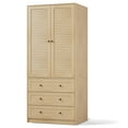 thumbnail image 2 of 69.5" Rattan Armoire Wardrobe - 3-Drawer Storage Closet with Hanging Rail, for Bedroom, wood color, 2 of 13