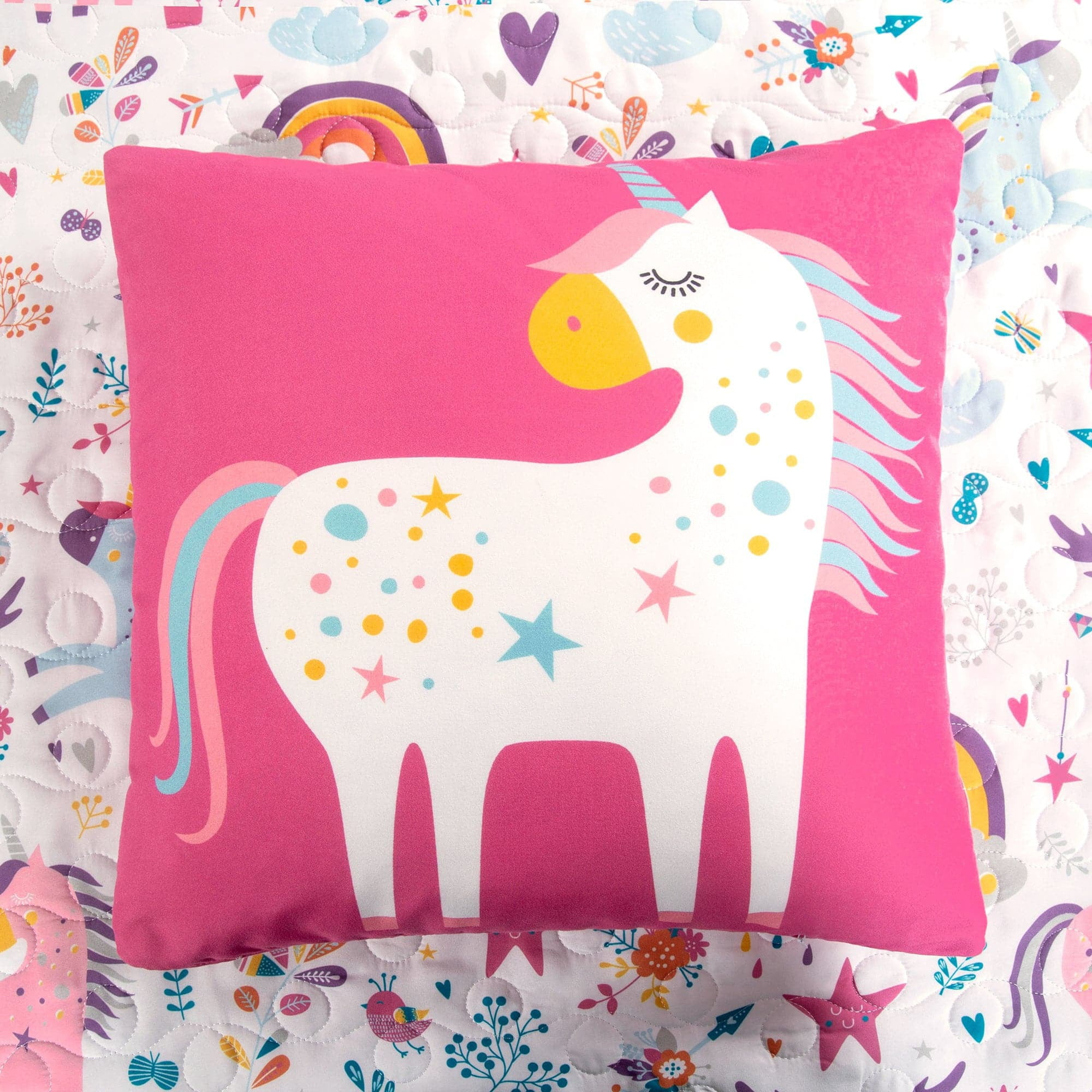 Lush Decor Unicorn Heart Kids Animal Print Reversible Quilt, Twin, White/Multi, 4-Pc Set