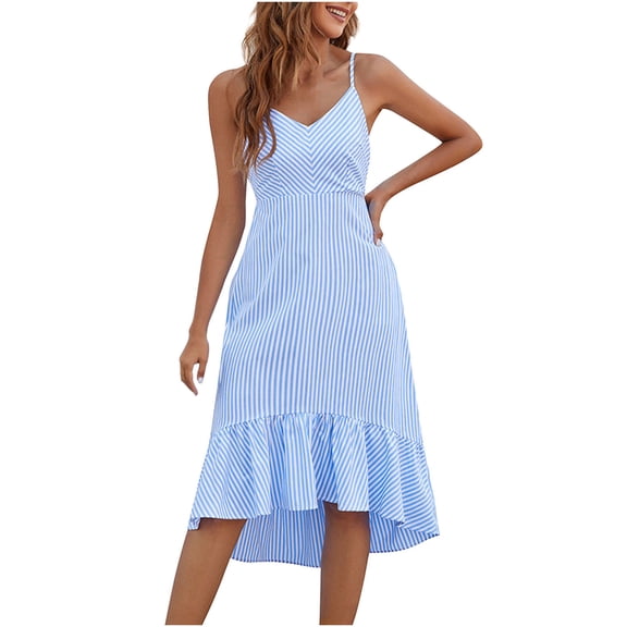 IROINNID Women's A-Line Dress Casual Gorgeous Fashion Summer Sling Mid-waist Sleeveless Strapless Striped Dress V-Neck Comfort Waist Dress
