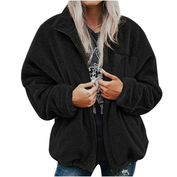 KIJBLAE Womens Fuzzy Fleece Coats Shearling Shaggy Oversized Zipper Outwear with Pockets Winter Jacket Black S