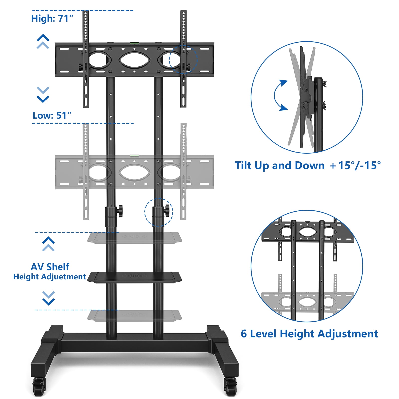 RTVR Rolling TV Cart Stand with Wheels for 32 to 85 inch Screens Mobile Portable TV Stand, Modern Black