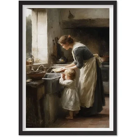 French Kitchen Painting, Vintage Art Print, Mother And Child Art, Cottagecore Wall Art, Matte Canvas Stretched, Posters for Room Bedroom Living Room Bathroom Wall Decor, Posters & Art Prints, Gift.
