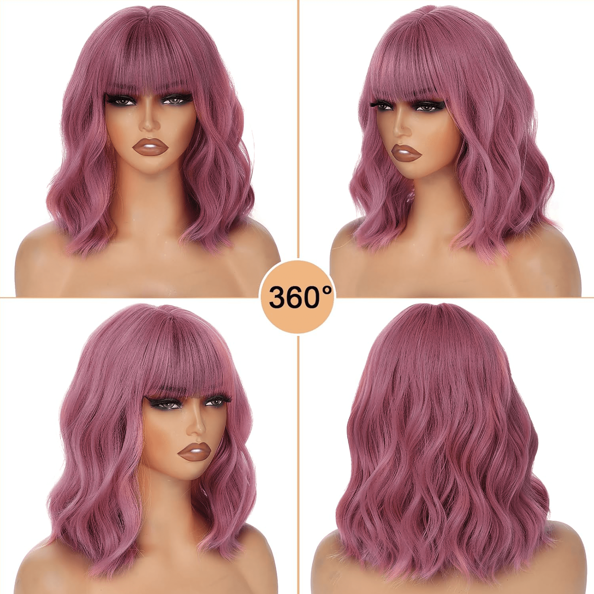 Morovan 13-Inch Heat Resistant Synthetic Bob Wig with Bangs - Natural Look for Daily Wear & Cosplay - Lightweight & Comfortable Wig for Women (Pink)