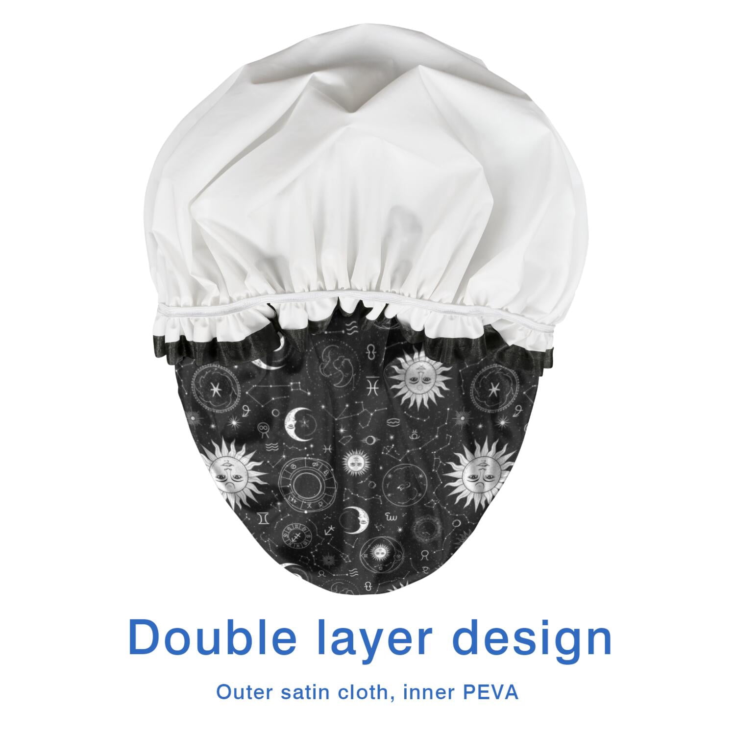 Shower Caps,Black White Zodiac Sun Moon Pattern Waterproof Shower Cap for Women 4 Pieces,Double Reusable Hair Cover for Shower PEVA Elastic Stretch Hem