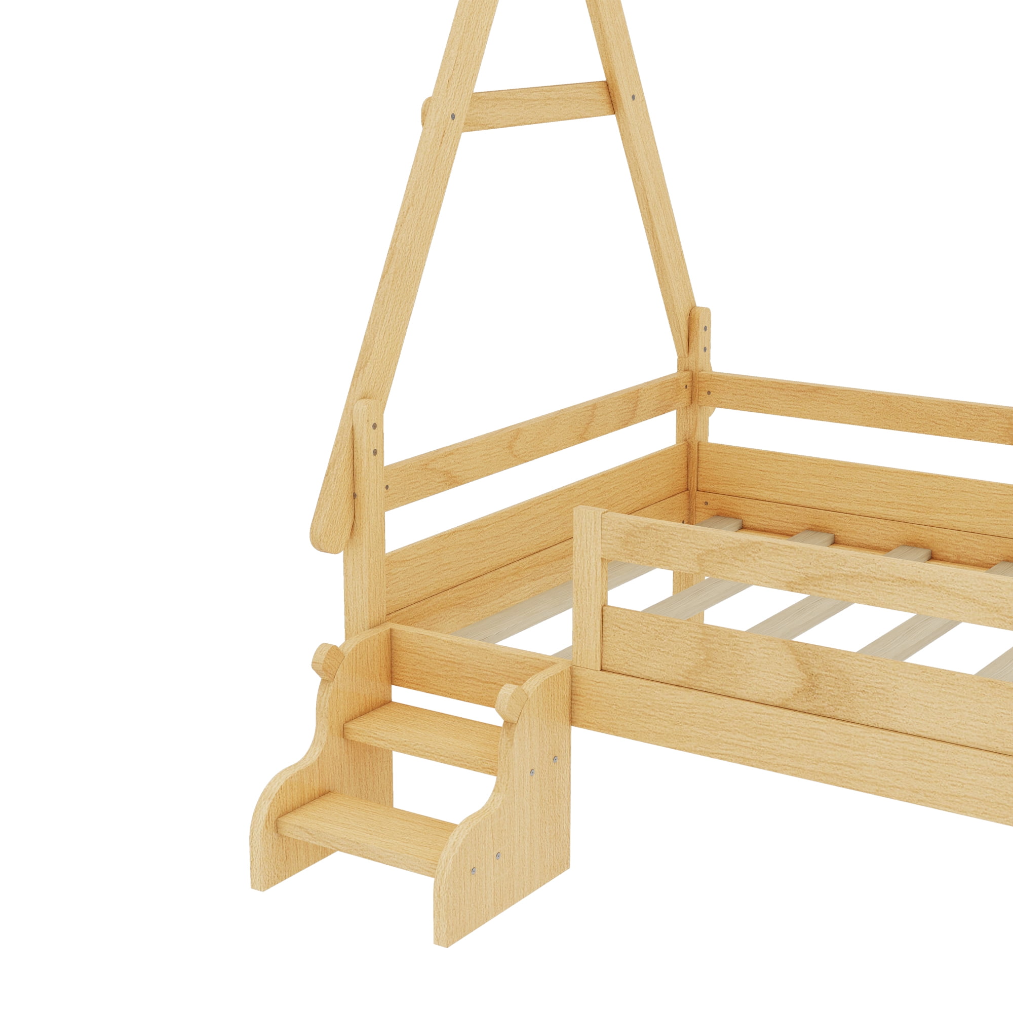 Mintazer Twin Size House Platform Bed with Stairs, Solid Wood Bed Frame for Kids, No Box Spring Needed, Natural