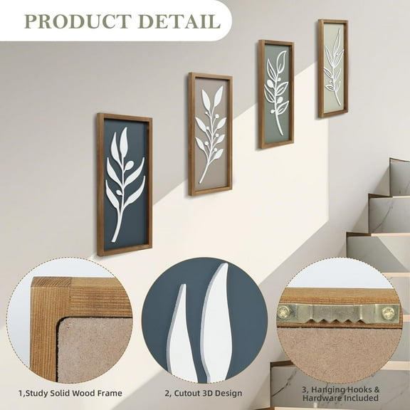 3D Wooden Leaf Wall Art Set of 4 - Boho Farmhouse Decor for Living Room, Bedroom, Kitchen
