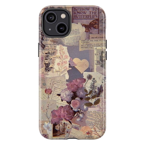 Vintage Floral Collage Phone Case with Butterfly and Antique Paper Design, Protective Cover for iPhone 16 15 14 13 12 11 Pro Plus Mini