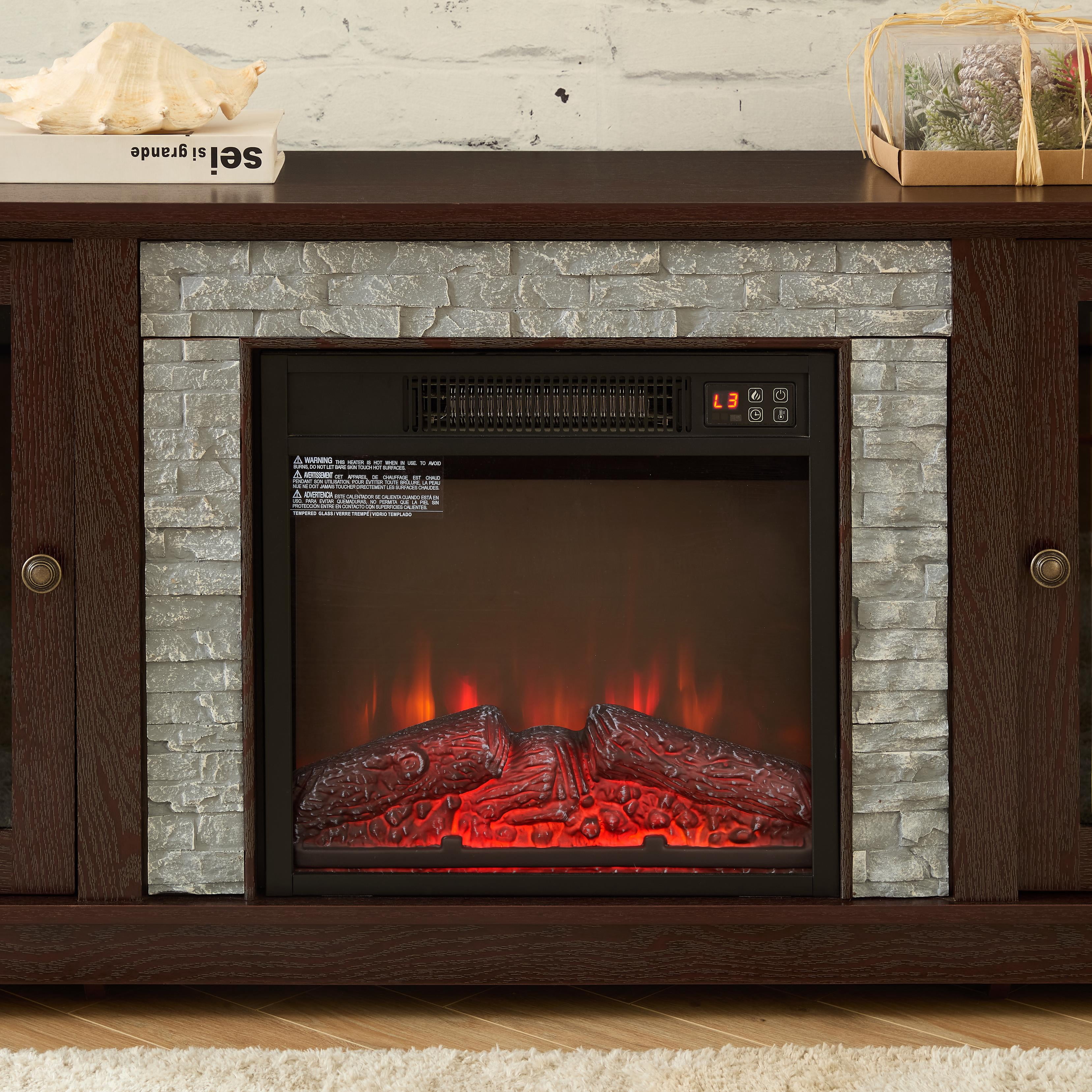 Fireplace TV Stand for TVs up to 65", Paproos Farmhouse TV Stand with 18" Electric Fireplace, Entertainment Center Televison Console Table with Realistic Stacked Stone & Adjustable Shelves, Cherry