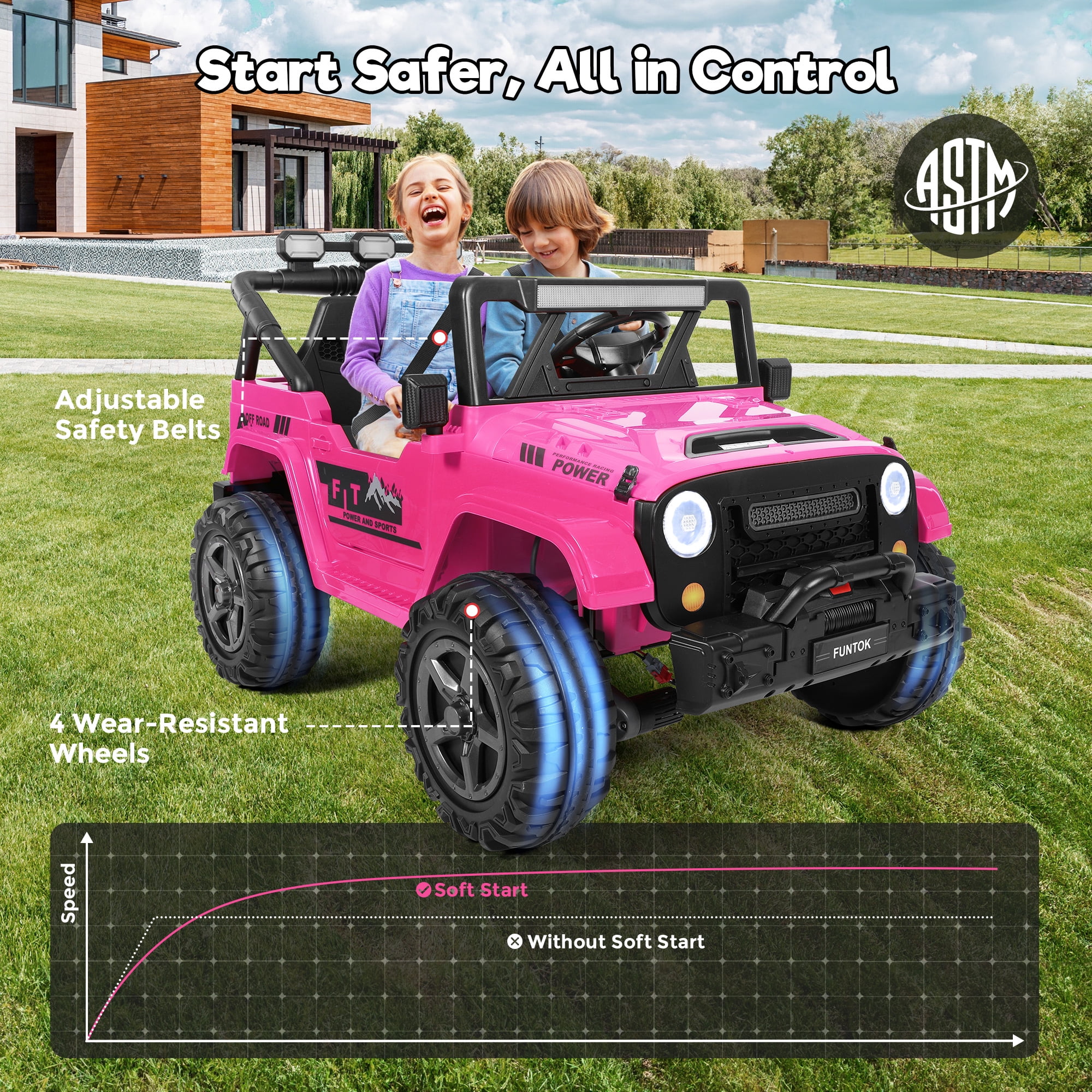 FUNTOK 24 Volt 2 Seater Kids Ride on Toys w/ 20 " Large Seat, 4 x 200W Motor Electric Vehicle Car, 4WD/2WD Switchable Battery Powered Ride on Truck, 3 Speeds with Remote Control & LED Lights, Pink