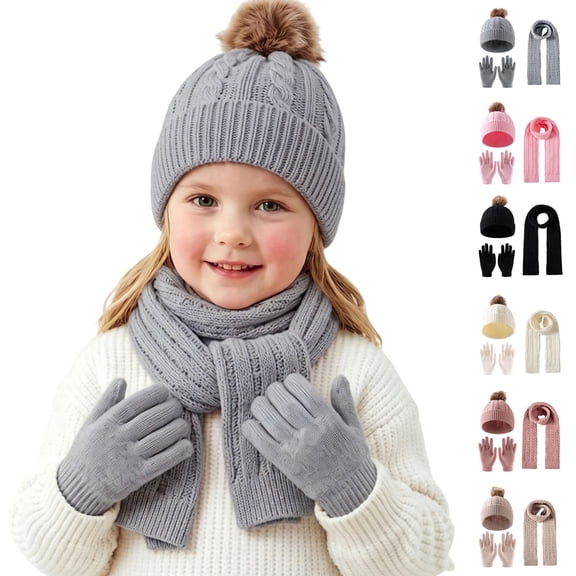 YUANxueke Kids Winter Hat Scarf Gloves Set, Girls Boys Pom Hat Beanie Knitted Scarves Mittens, 3-Piece Thick Ski Sets