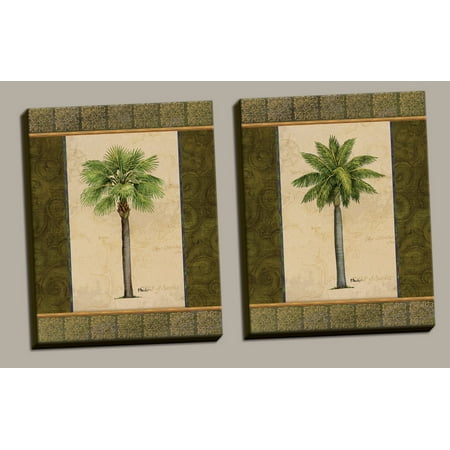 Palm Decor 2 East Indies Palm Tree Art Prints Tropical Home Decor; Two 11x14in Hand-Stretched Canvases, Ready to Hang! Green/Brown ()